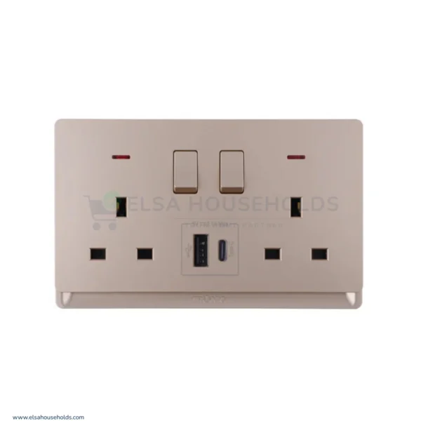 Gold Double Switch Socket with USB-A and Type-C Charging Ports