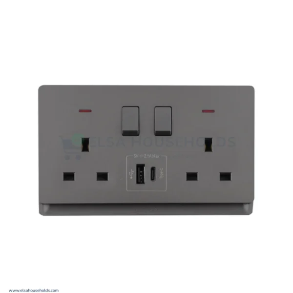 Grey Double Switch Socket with USB-A and Type-C Charging Ports