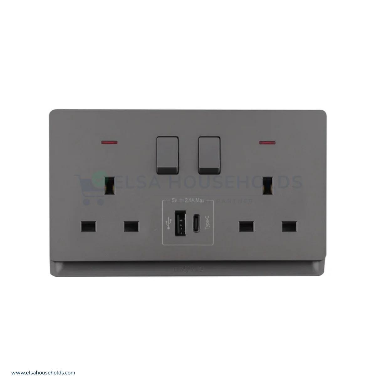 Grey Double Switch Socket with USB-A and Type-C Charging Ports