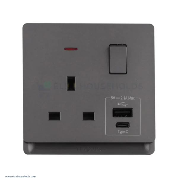 Single Switch Socket with USB + Type C - Grey