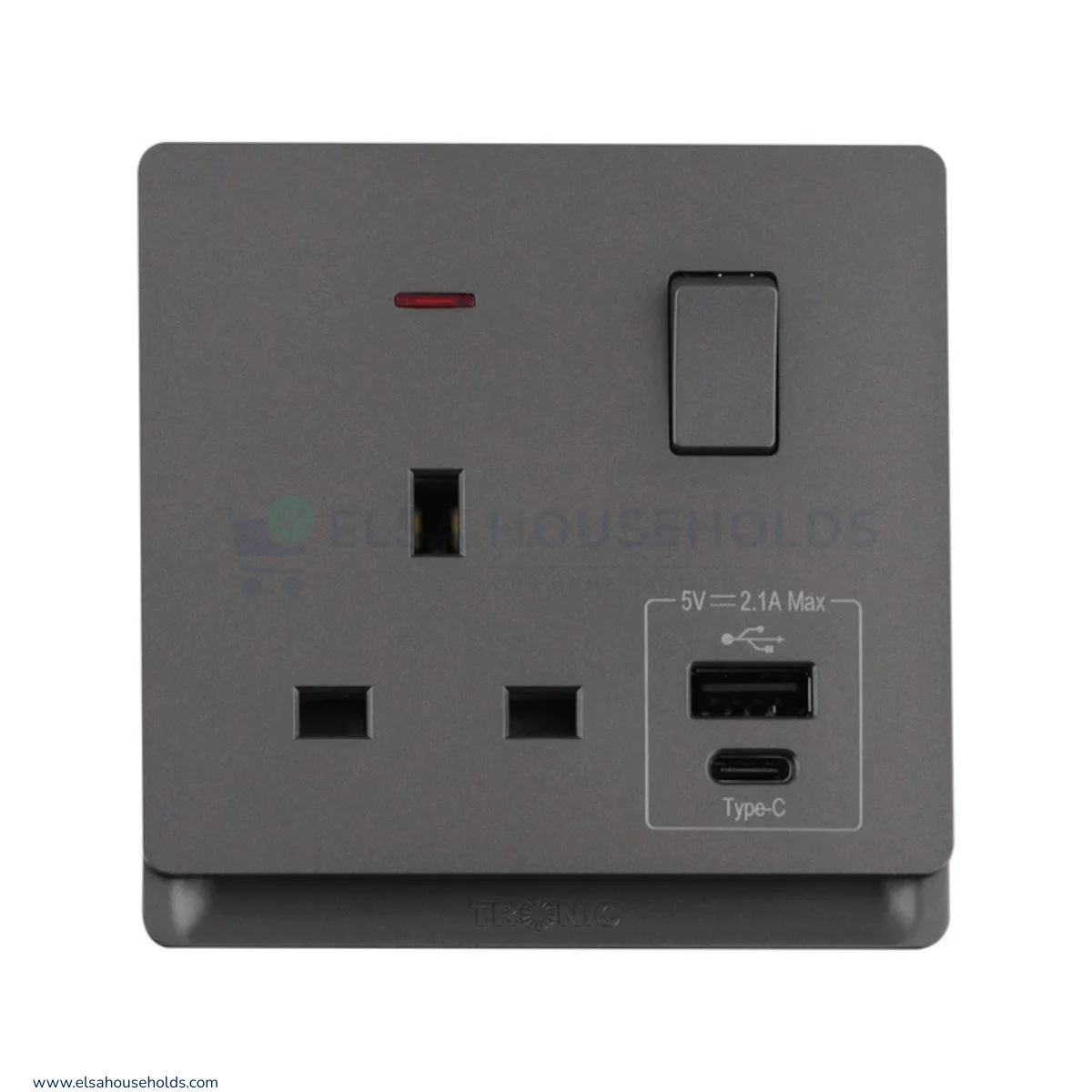 Single Switch Socket with USB + Type C – Grey