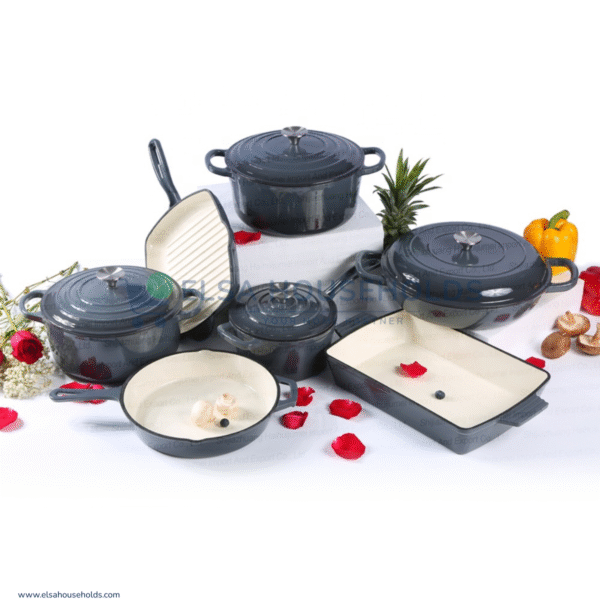 11 Pcs Enamel Cast Iron Cookware Cooking Pot Casserole Set - Black