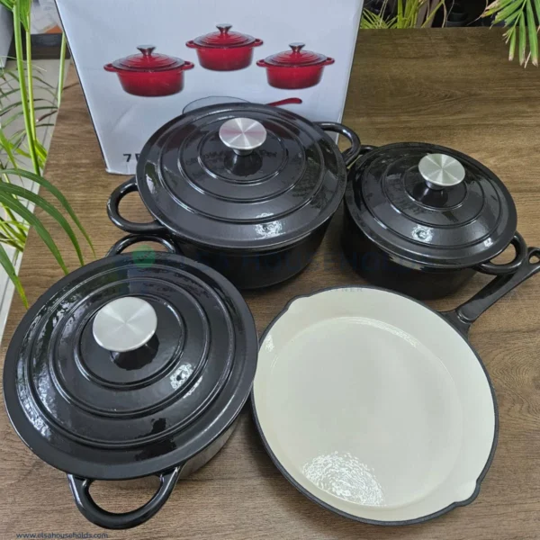7 Piece Enamel Cast Iron Cooking Pots Set – Black