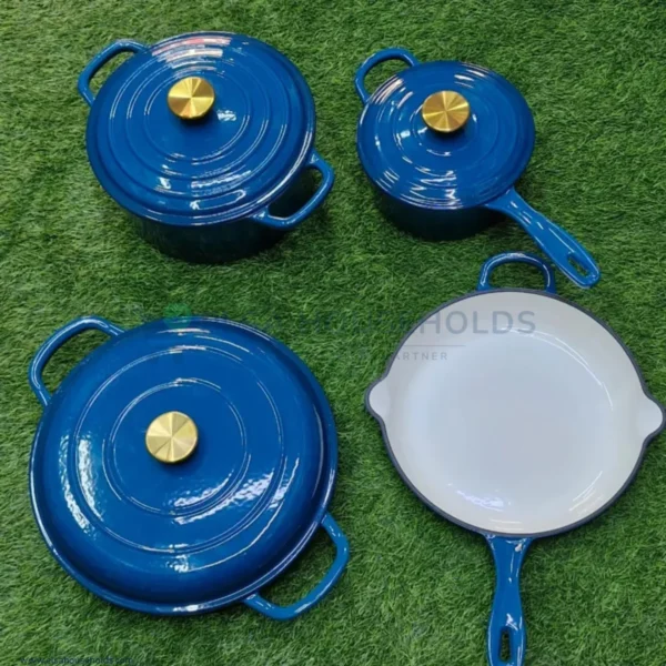 7 Piece Enamel Cast Iron Cooking Pots Set – Blue - Image 2
