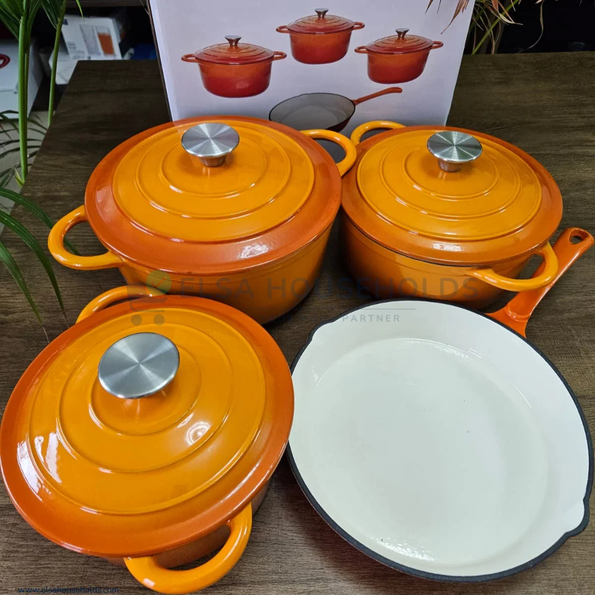7 Piece Enamel Cast Iron Cooking Pots Set – Orange
