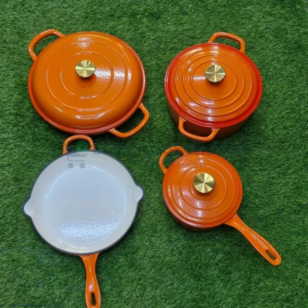 7 Piece Enamel Cast Iron Cooking Pots Set – Orange - Image 2
