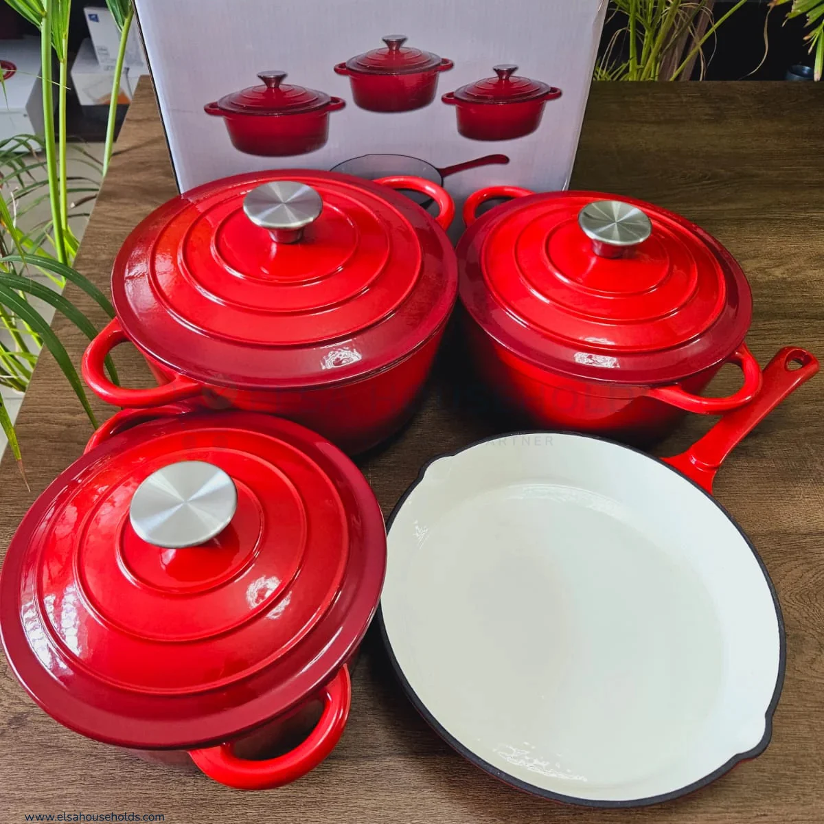 7 Piece Enamel Cast Iron Cooking Pots Set – Red