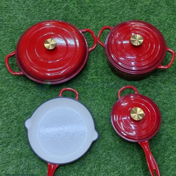 7 Piece Enamel Cast Iron Cooking Pots Set - Red - Image 2