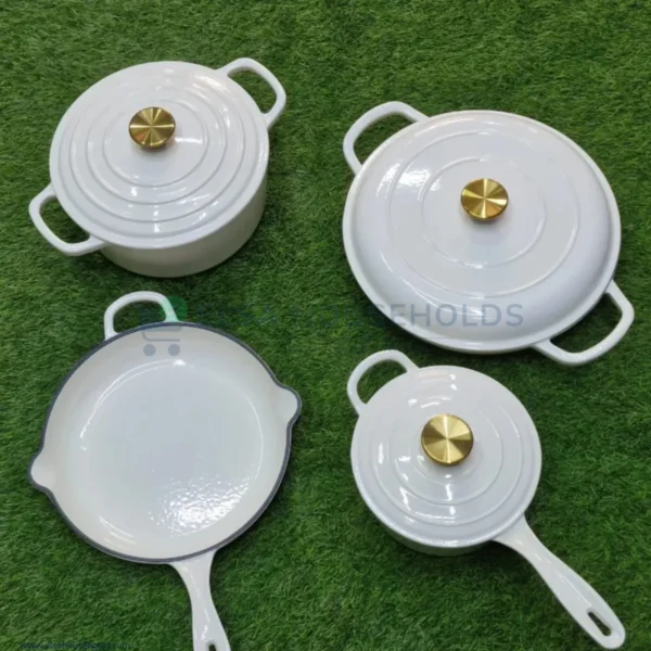 7 Piece Enamel Cast Iron Cooking Pots Set – White