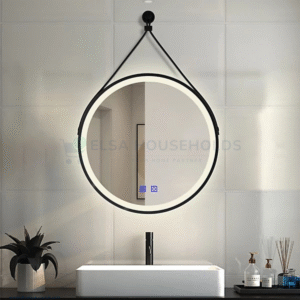 Illuminated Bathroom Mirror - Strap Black Framed Round, 500mm
