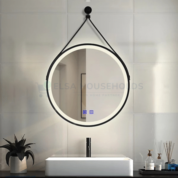 Illuminated Bathroom Mirror - Strap Black Framed Round, 500mm - Image 2