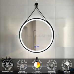 Illuminated Bathroom Mirror - Strap Black Framed Round, 500mm