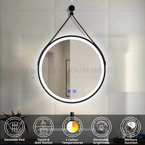 Illuminated Bathroom Mirror - Strap Black Framed Round, 500mm - Image 4
